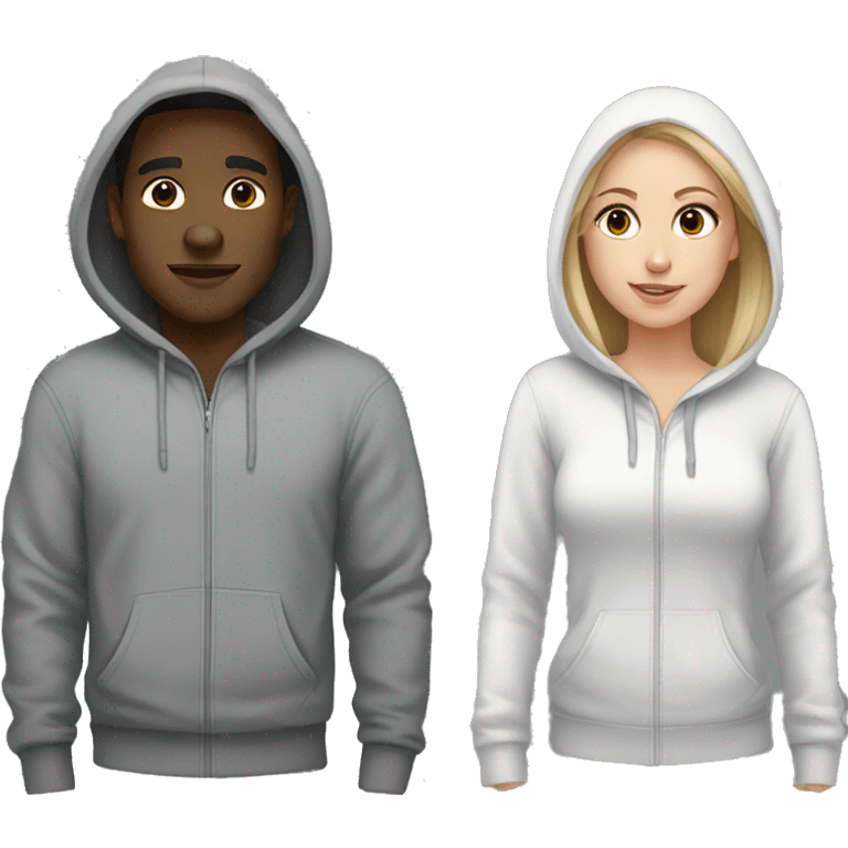 Black man and white girl couple in grey hoodies with hoods  emoji