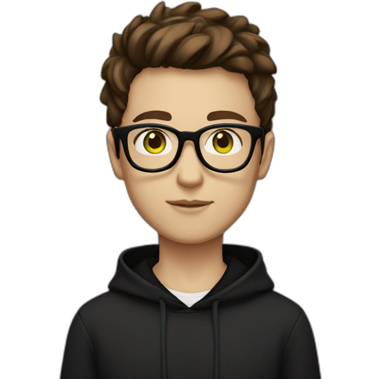 green eyes, black hoodie, black glasses, short brown hair, white skin, black shirt, emoji