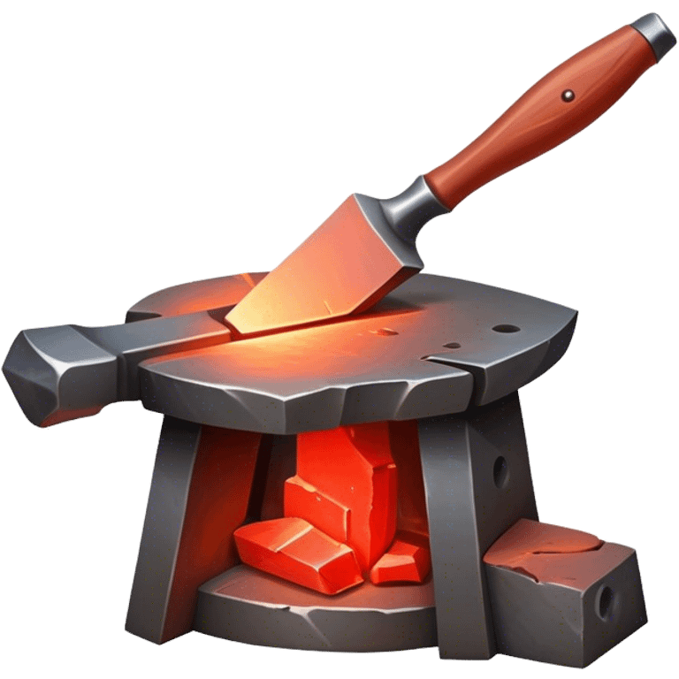 Blacksmithing icon, forged metal piece being shaped with hammer and anvil, glowing red-hot metal, blacksmith tools like tongs and chisel, sparks flying, minimalistic style, clean lines, transparent background. emoji