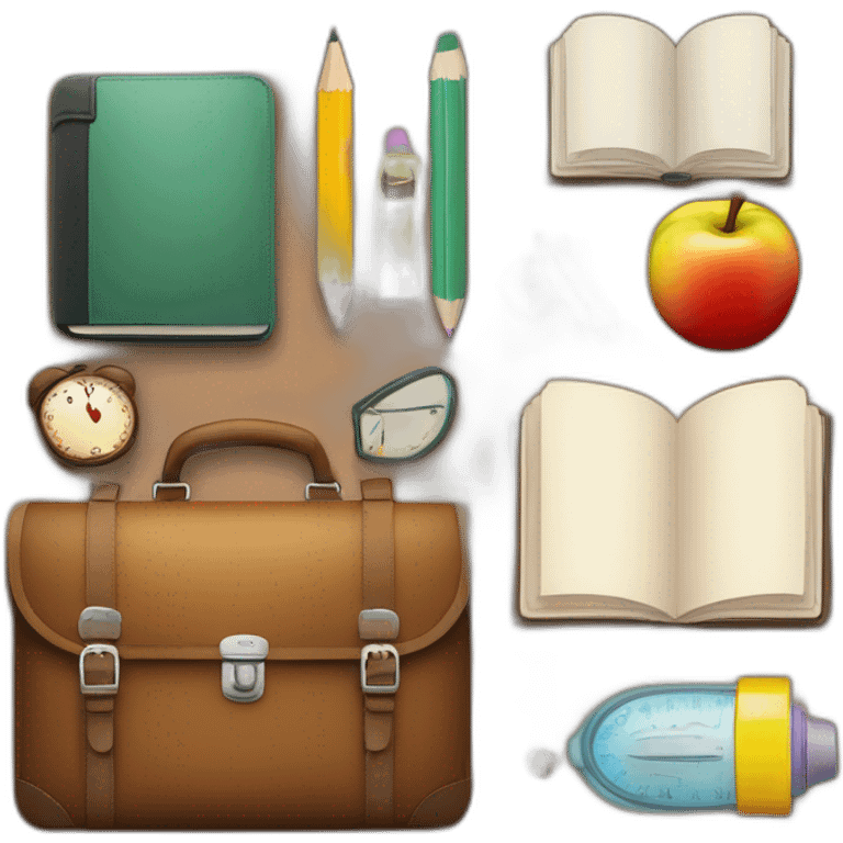 School things in a briefcase. Books, notebooks, pencil case emoji