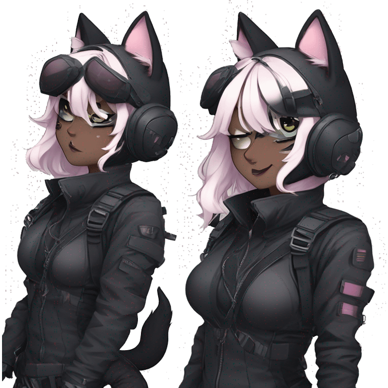 Gorgeous furry dark cyberpunk techwear anime style anthro black cat fursona with blushing face aesthetic and pretty edgy black with collar and harness trending style emoji