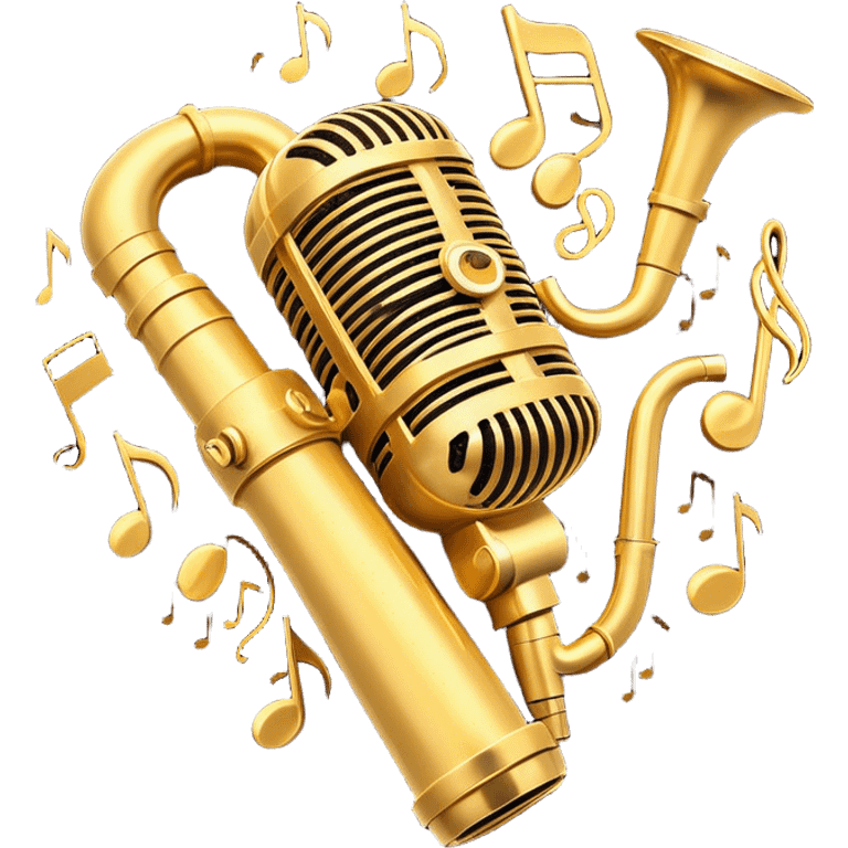 Create a vibrant emoji representing jazz vocal performance. The design should feature a vintage microphone, with musical notes swirling around it, symbolizing the improvisational and expressive nature of jazz singing. Add subtle elements like a jazz trumpet and saxophone in the background to represent the ensemble often accompanying jazz vocals. Include a set of piano keys or a grand piano in the design to reflect the jazz club atmosphere. Use warm, rich colors like deep gold, black, burgundy, and silver to create a soulful and elegant vibe. The background should be transparent. emoji