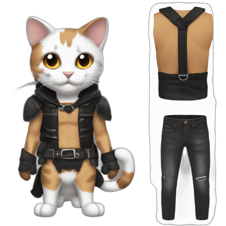 Halloween Meowscles is a buff anthropomorphic calico  cat  he has a shadow design with black  jeans emoji