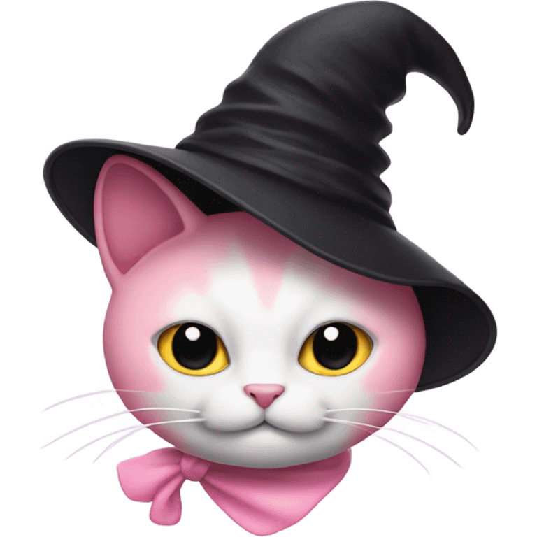 Pink kitty with black witches hat emoji