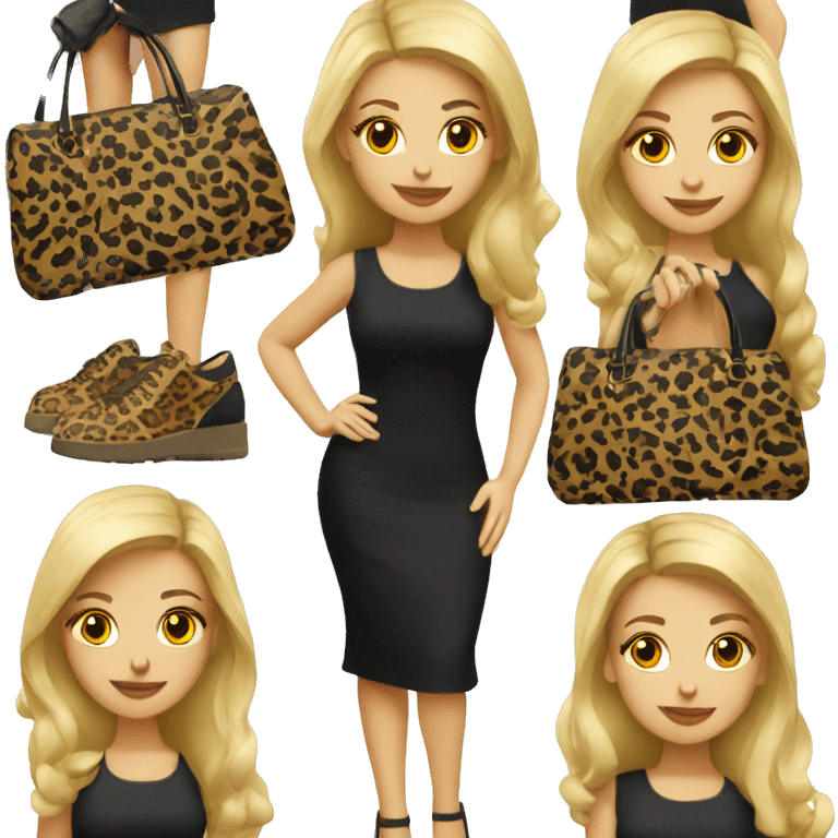 blonde girl wearing black dress with black red bottoms and a leopard print bag emoji