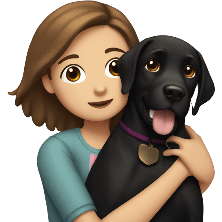 A girl with brown hair hugs a medium-sized black Labrador dog emoji