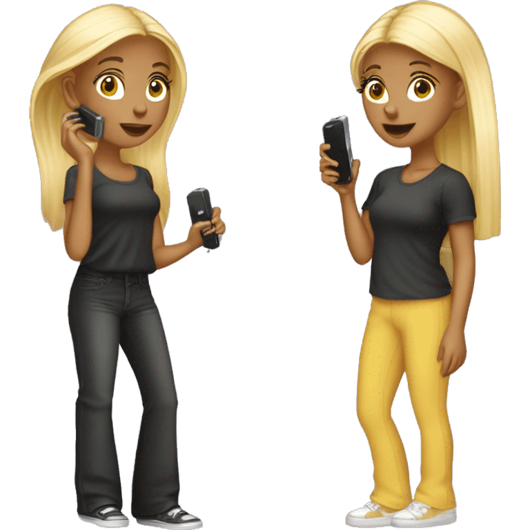 Y2k twin girls with flip phones and flare trousers and y2k hairstyles emoji