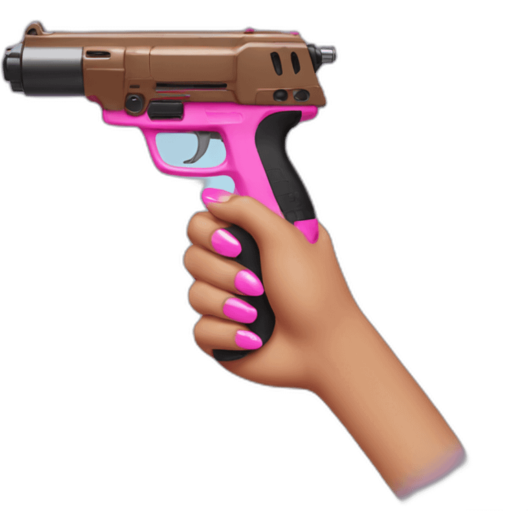 brown hand with pink nails holding large scary dark nerf gun emoji