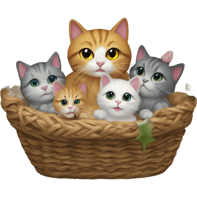 Cat Christmas nativity scene mother cat and 5 kittens in a basket emoji