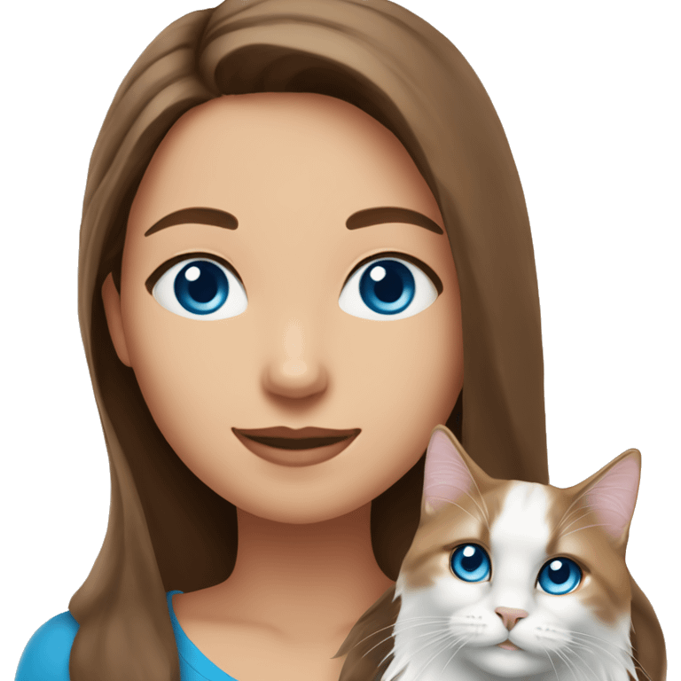 woman with long brown hair and pink shirt and holding a all white Siberian cat with blue eyes emoji