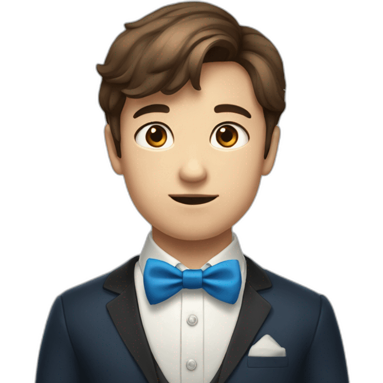 A young male tennager with a round face and very short brown hair and a mole on chin wearing a blue bow tie emoji