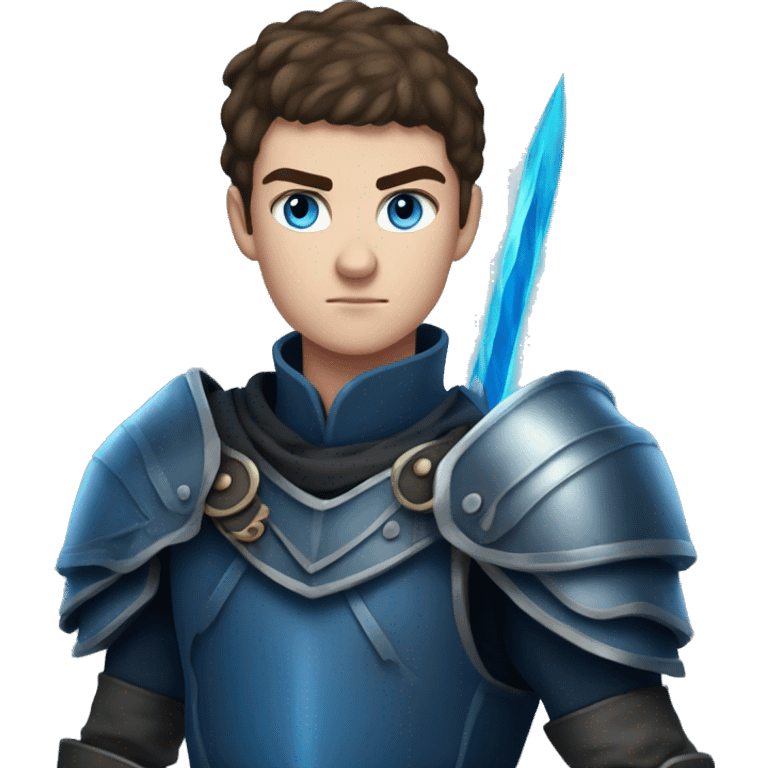 a 6'5" 19 years old Irish, teenage boy with slightly dark short hair. He wields a dark blue flaming sword, and wears a blue armor. He has blue eyes. He is very serious & strong  emoji