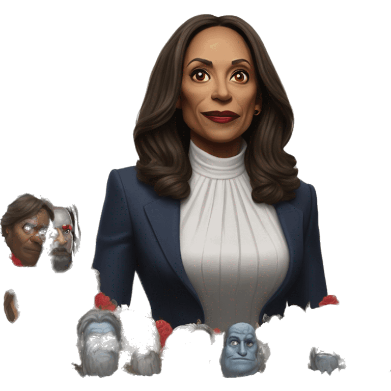 US president Kamala in Warcraft style, oil paint, mysterious eyes, intricate lips, masterpiece portrait, odd perspective, beautiful, desirable, logical, midsommar, ikea emoji