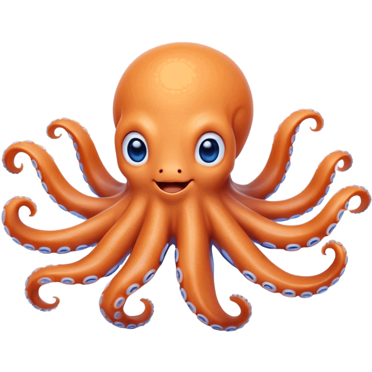 Cinematic Cute smiling Octopus Portrait Emoji, Head tilted playfully and inquisitively, featuring a rounded, light orange body embellished with playful blue rings, eight adorably curling arms, and big, twinkling eyes full of wonder, Simplified yet irresistibly adorable features, highly detailed, glowing with a warm, inviting underwater glow, high shine, affectionate and lively, stylized with a touch of whimsical cartoon charm, soft glowing outline, capturing the essence of a mischievous yet loving octopus that seems as if it could bob out of the screen into your arms! emoji