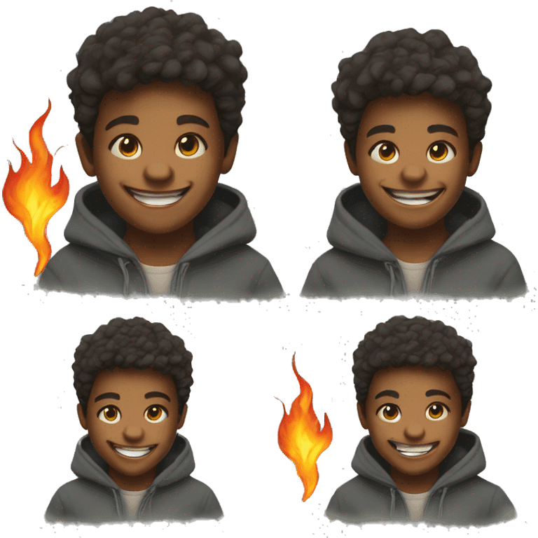 smiling boy in hoodie portrait with flames and smoke  emoji