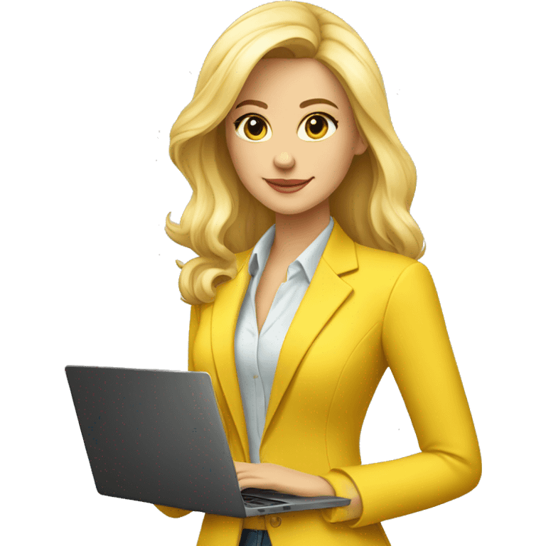 a beautiful blonde girl wearing a yellow suit jacket. she has a laptop in front of her emoji