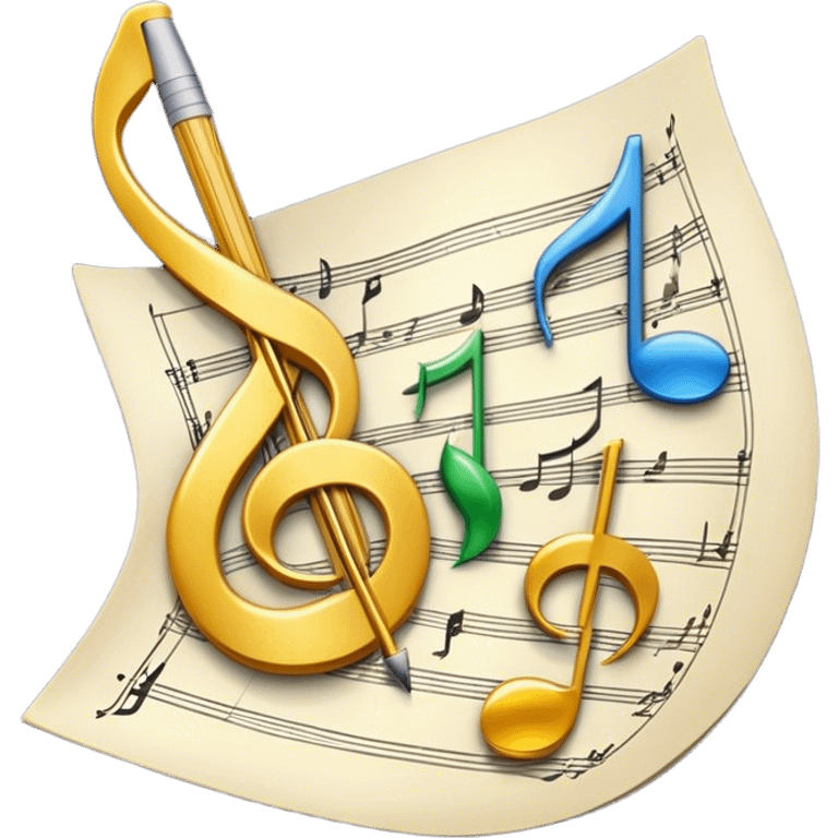 Create a bright and artistic emoji that represents music composition. The design should feature musical notes, a pencil or quill, and a sheet of music, symbolizing the creative process of composing a song. Add a touch of elegance with flowing lines to represent melody and rhythm. Use gold or silver tones for sophistication, and incorporate a mix of vibrant colors to convey creativity. The background should be transparent. emoji