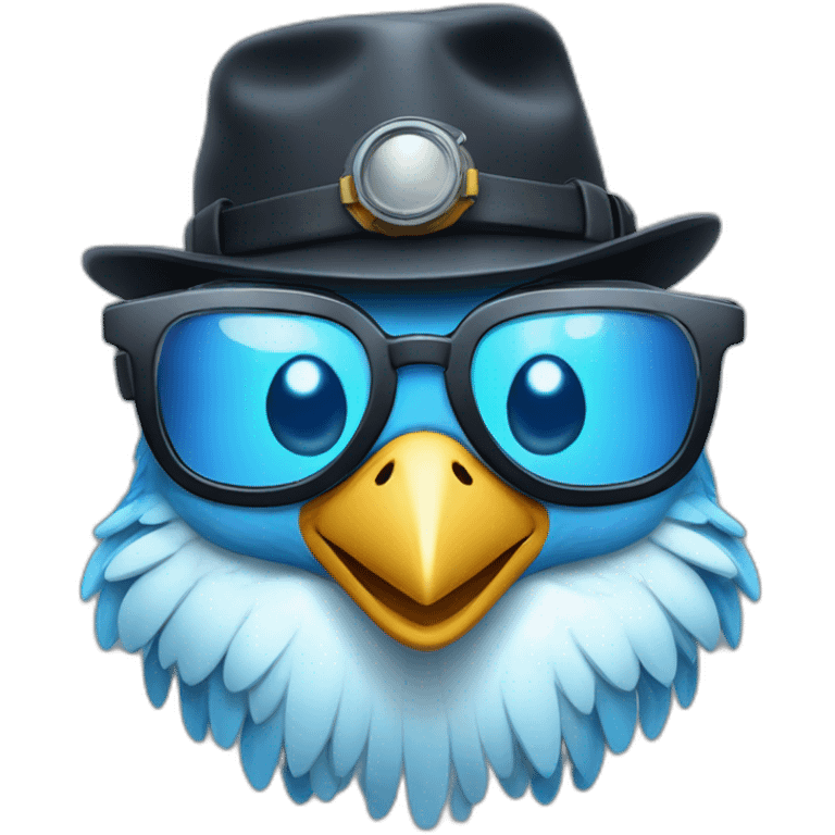 Crazy funny Cyberpunk Articuno head with beautiful smile wearing glasses and hat emoji