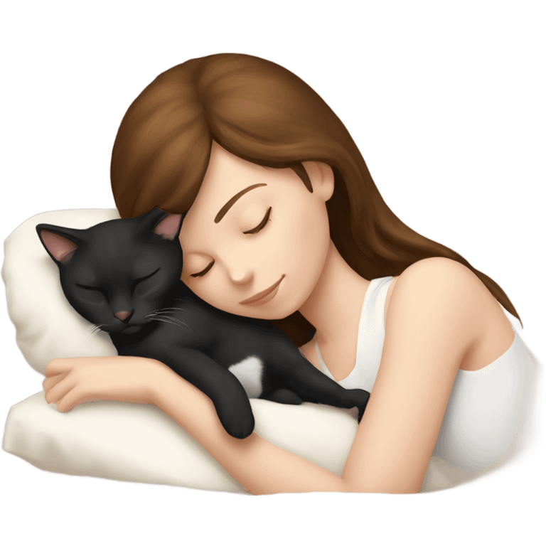 Brown hair girl sleeping with tuxedo cat emoji