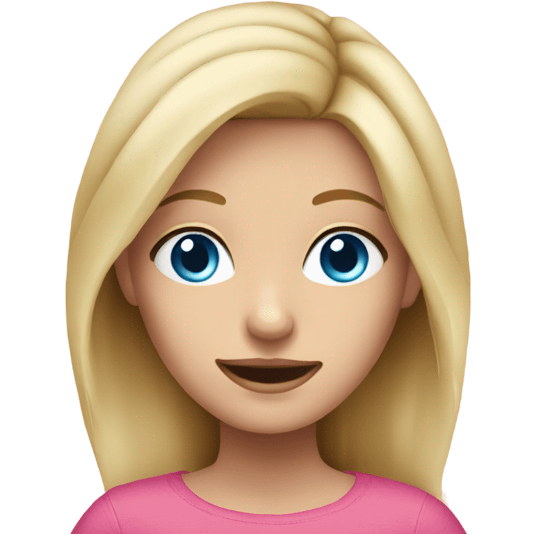 blonde girl with blue eyes wearing pink emoji