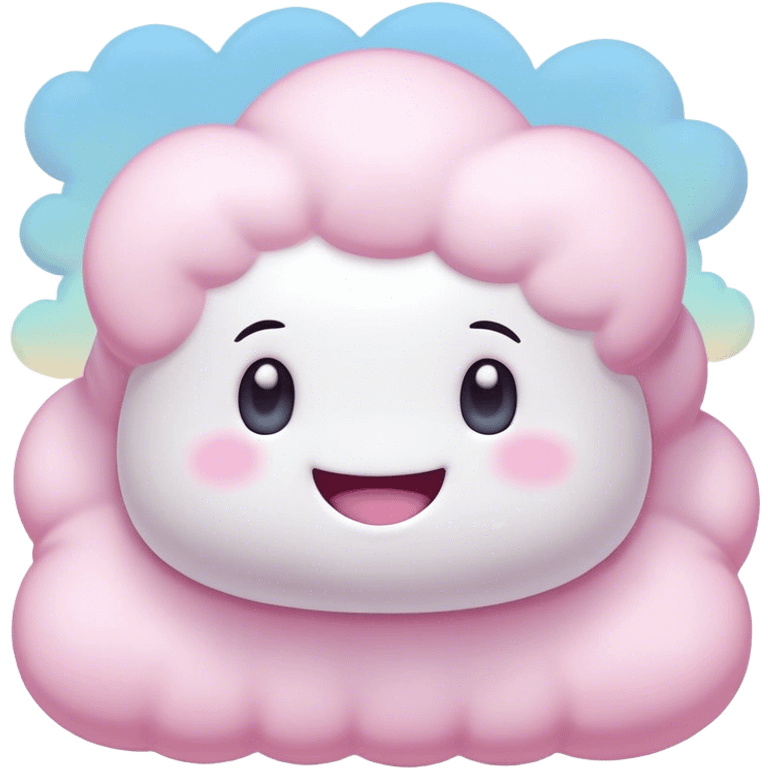 Cinematic fluffy pastel marshmallow character, soft round edges, tiny sparkly eyes, a small happy smile, glowing warmly, floating in a dreamy soft sky. emoji