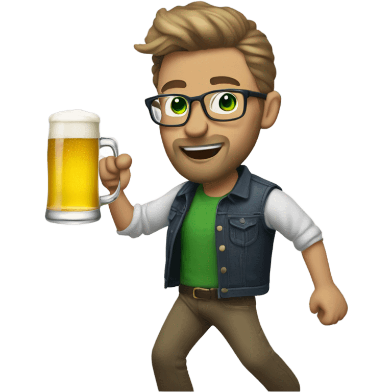 Man with dark blonde hair in a short back and sides style, green eyes, glasses and facial hair dancing with a beer in one hand  emoji