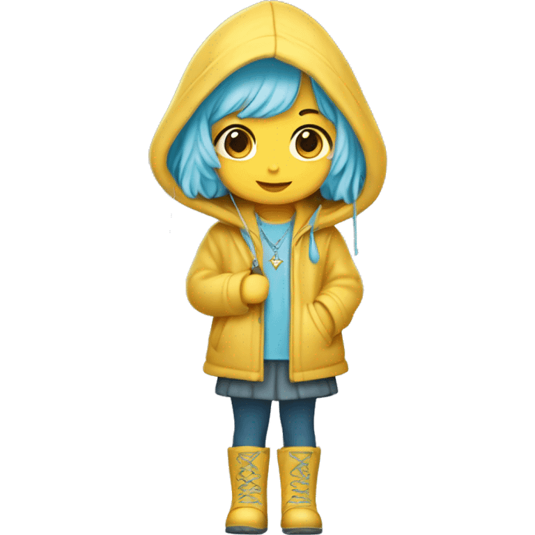 Cute little girl with light blue hair with peach skin, with yellow raincoat hooded with boots holding a staff, with a cross necklace, Sanrio design emoji