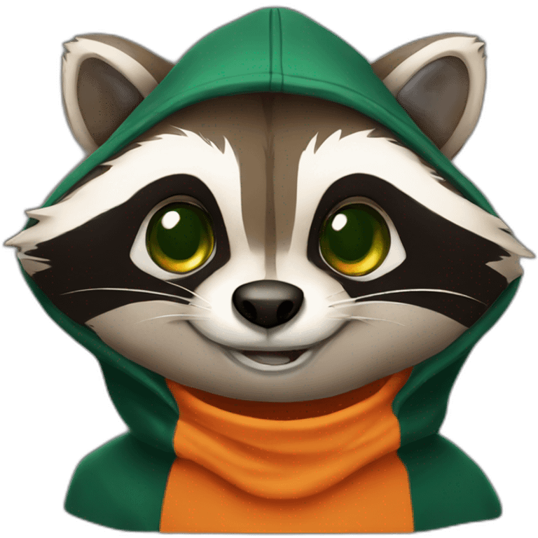 brown raccoon with orange eyes and a dark green hood that is laughing emoji