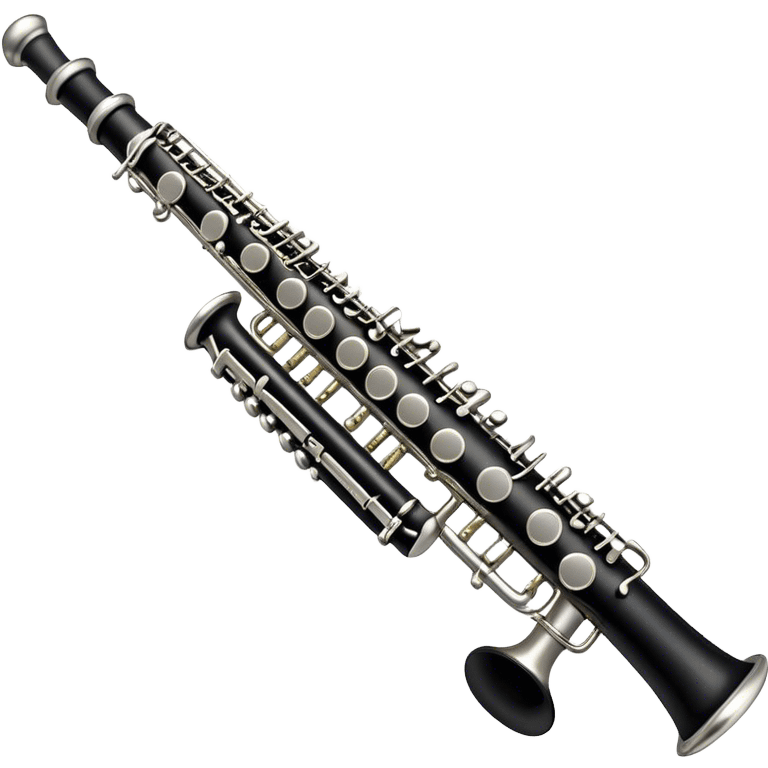 Create an emoji, representing a black standard clarinet. The design should feature a smooth, glossy black body of the clarinet with shiny, silver keys clearly visible. Highlight the intricate details of the mouthpiece and reed at the top, while the body of the instrument should remain simple and elegant. Add subtle musical notes or soundwaves floating around the instrument to symbolize its clear, melodic sound. Use black for the body, silver for the keys, and soft lighting effects to give the instrument a polished, sophisticated look. The background should be transparent. emoji