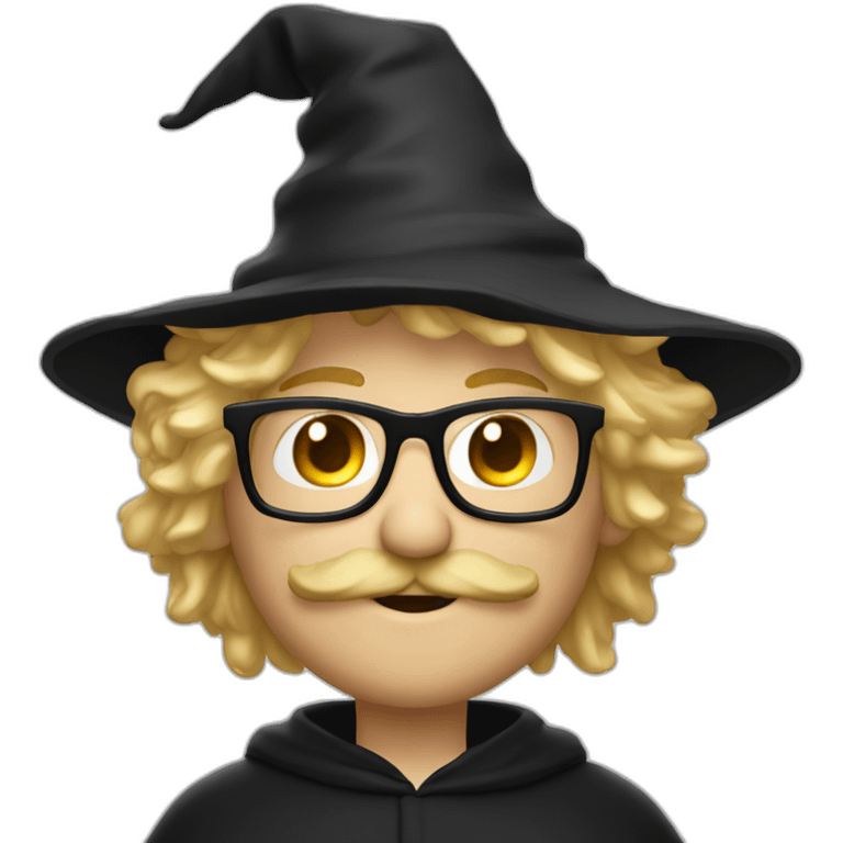 A man with blond messy hair and a mustache, wearing a black squared shaped eye glasses, wizard hat, black  robe emoji