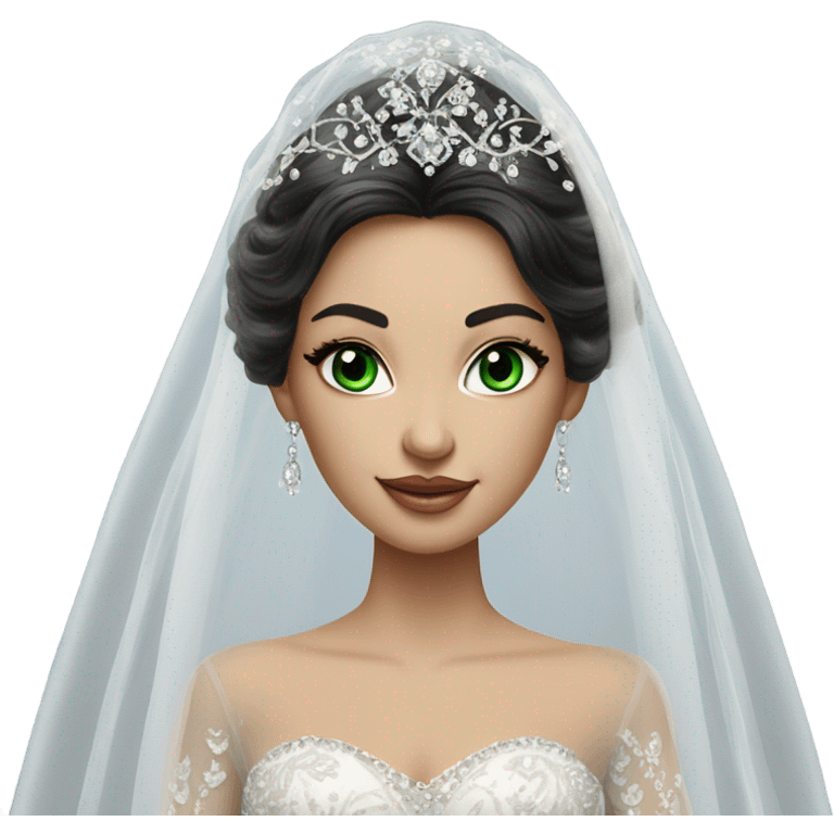 Hyper Realistic ornate ballgown long sleeve Wedding dress with diamanté on Russian bride with green eyes and long black hair with veil hyper realistic  emoji