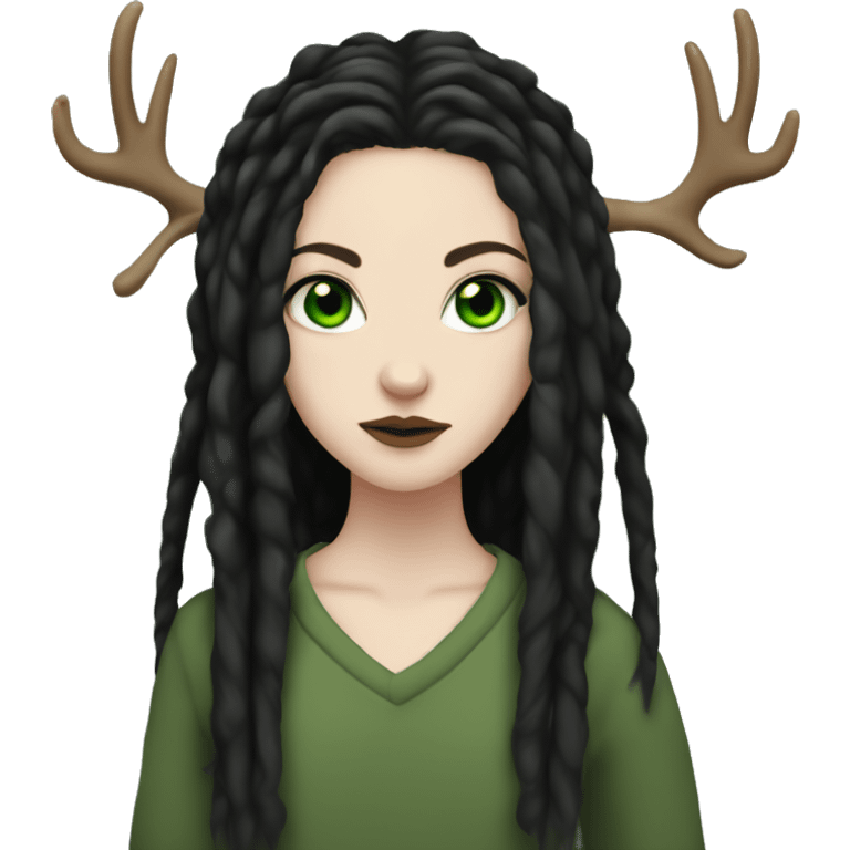 Girl with pale skin, green eyes, black dread-locks, eyeliner, deer antlers, grunge emoji