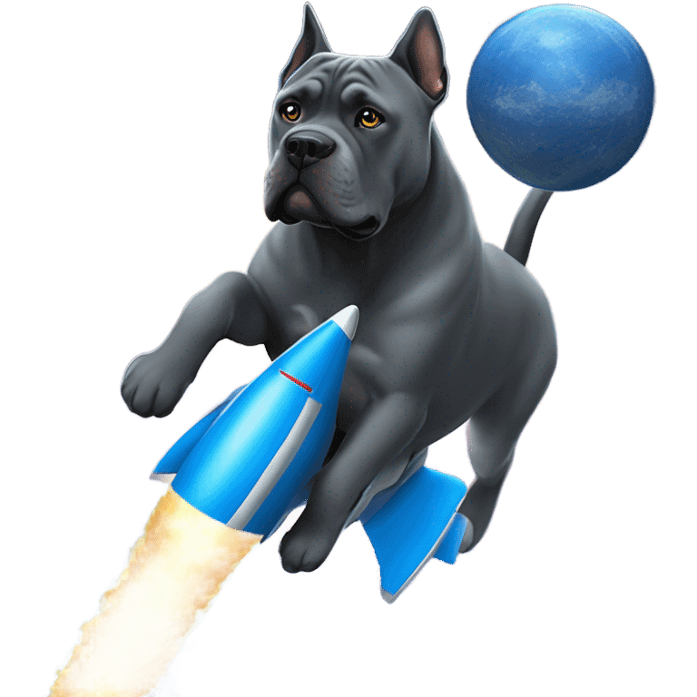 A blue Cane Corso riding on a blue and gold rocket in space. emoji