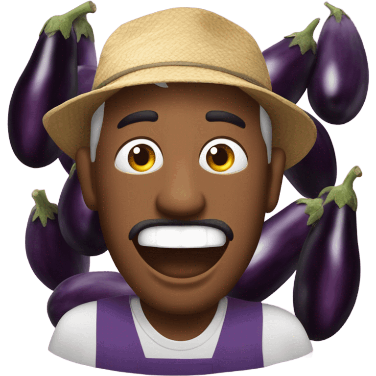 Very shocked aubergine farmer with lots of aubergines emoji