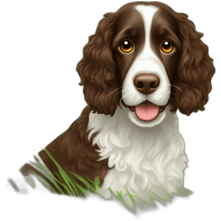 Create a picture of a chocolate phantom coloured springer doodle in a beautiful grassy field emoji