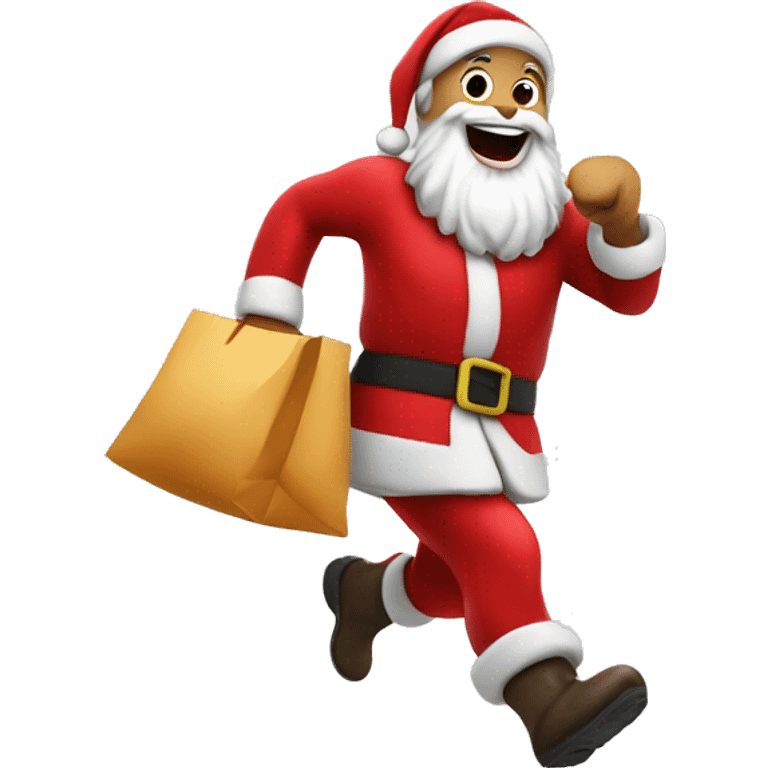 Santa Claus dressed in red running to deliver a bag of presents emoji