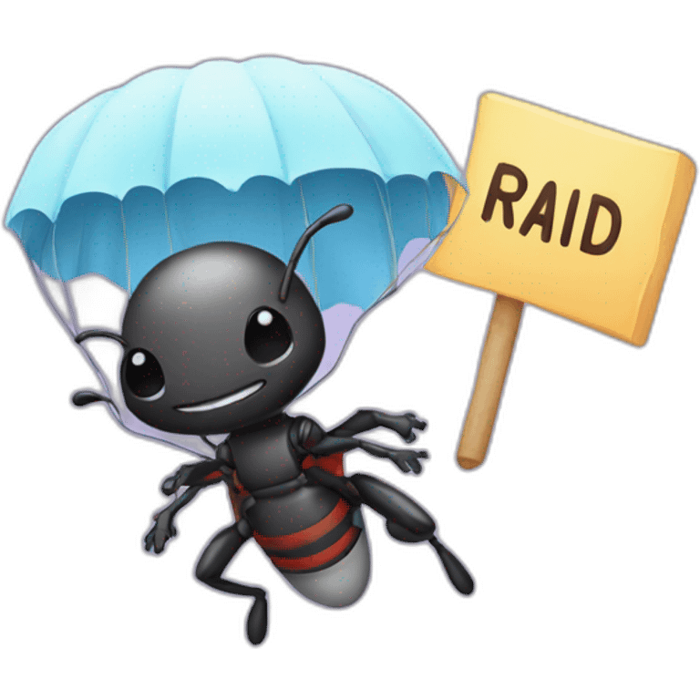 Parachuting ant holding a sign that says raid emoji