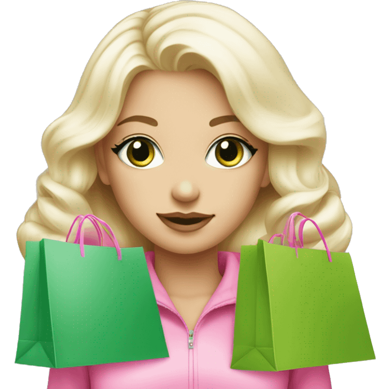 cute platinum blonde with green eyes surrounded by pink shopping bags emoji