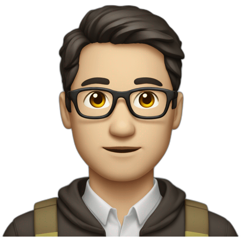 male engineer with white skin, dark brown straight hair spreaded from middle, brown eyes, circular glasses emoji