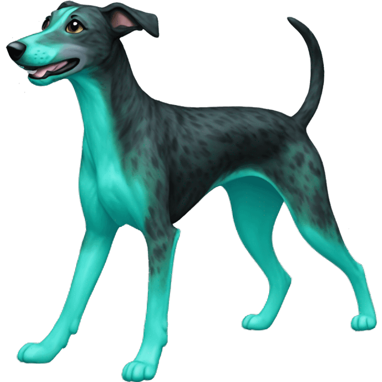 Brindle dog black face lurcher running cyan green blue lighting emoji