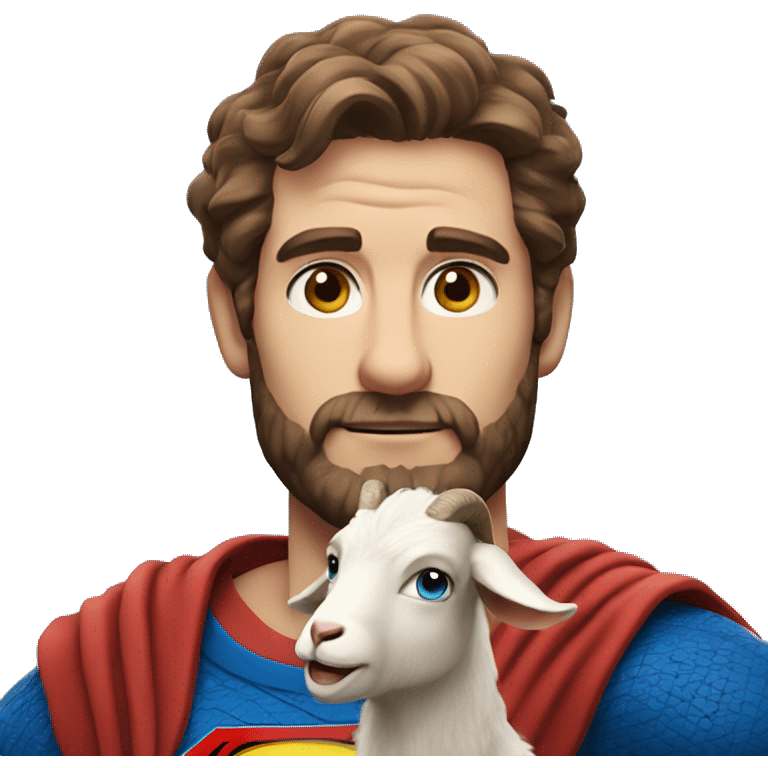 Man holding a goat, redish brown hair redish scruffy beard, blue eyes, wearing a superman outfit emoji