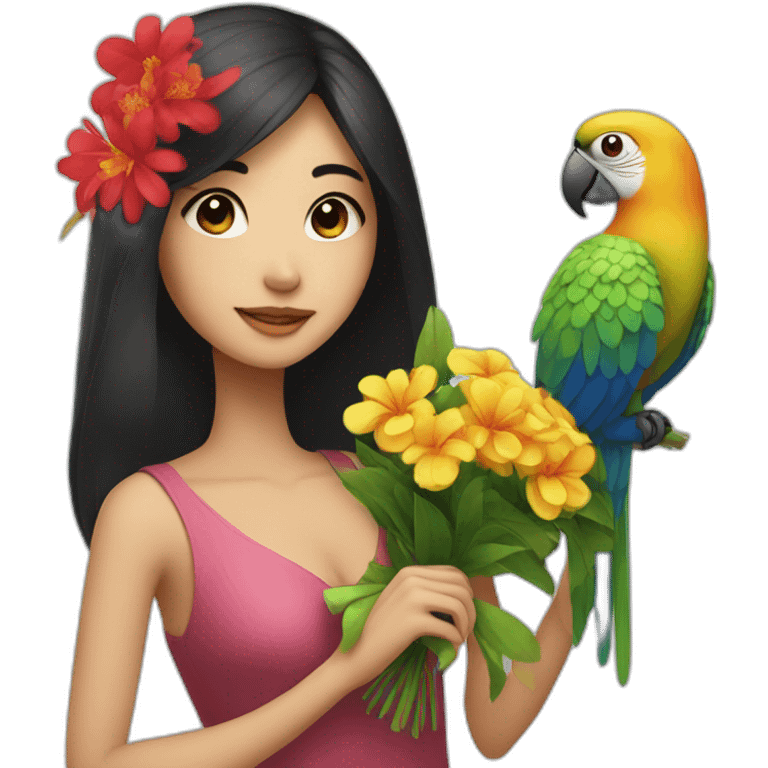 Asian girl with dark hair with a bouquet and parrot  emoji