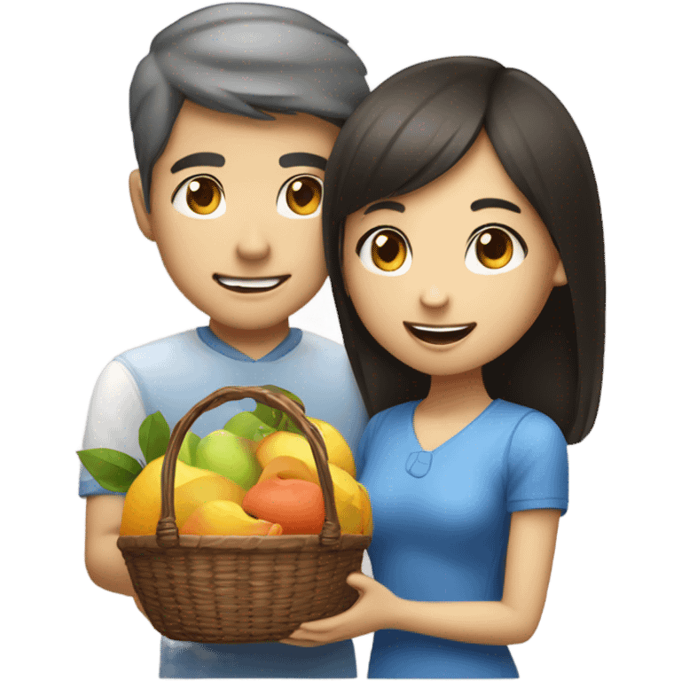 Asian girl giving fruit basket to white man with blue eyes emoji