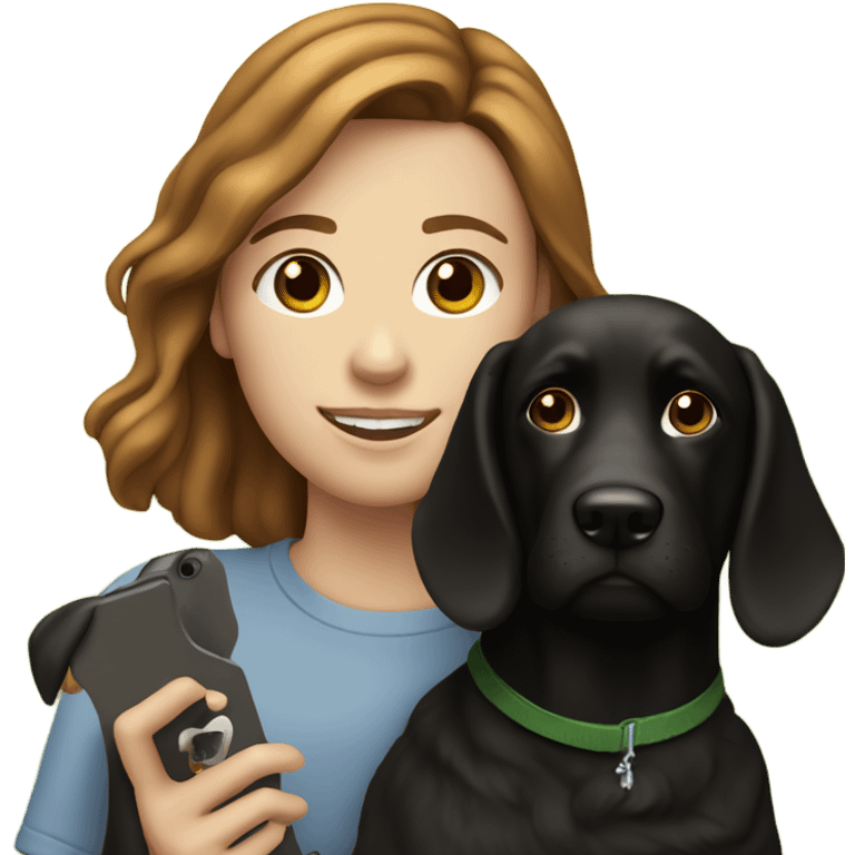 23 year old white girl with brown hair in the park with his black dog showing dog content in her iPhone emoji