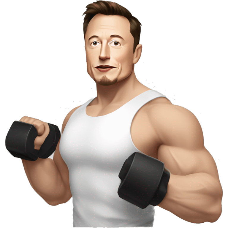 elon musk doing bicep curls in which he is wearing sando of white color and is looking jacked emoji