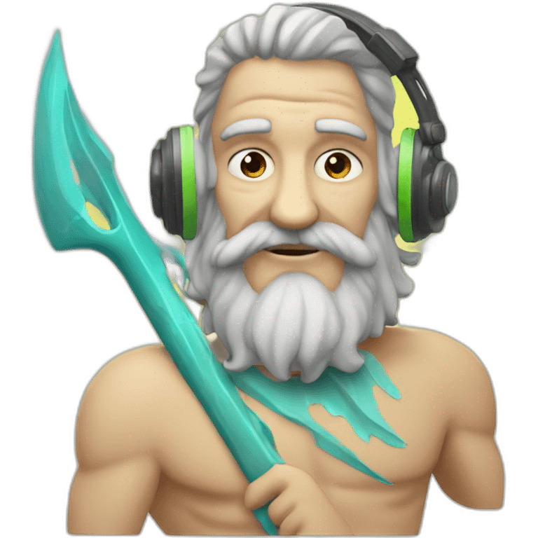 old poseidon wearing headphones, with trident emoji