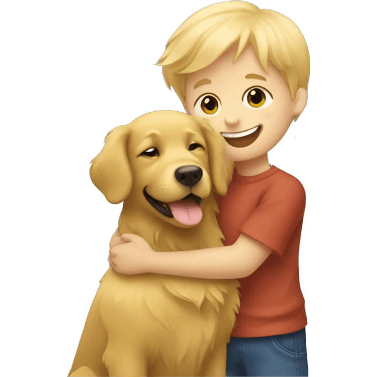 little blonde boy hugging a happy golden retriever  emoji