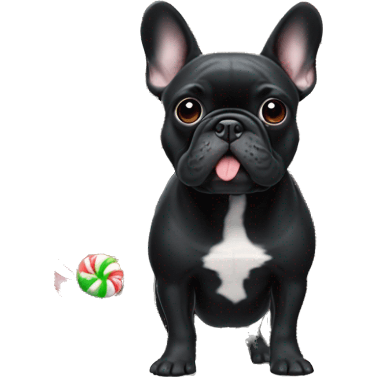 Black French bulldog in gingerbread house emoji