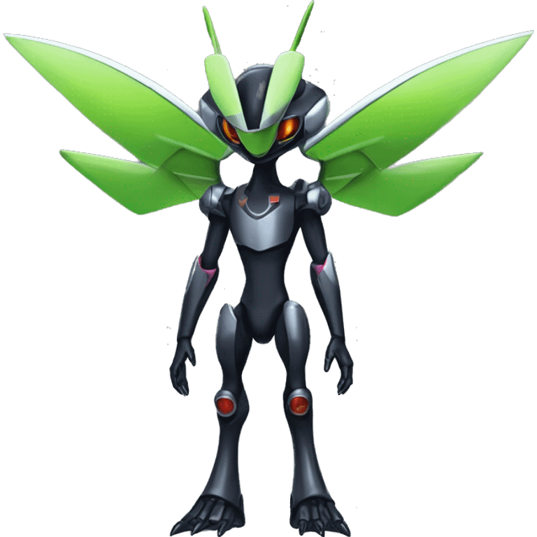 a shiny metallic black Genesect-Flygon-Raptor-Fakémon-Medabot-hybrid with a futuristic visor-helmet full body emoji