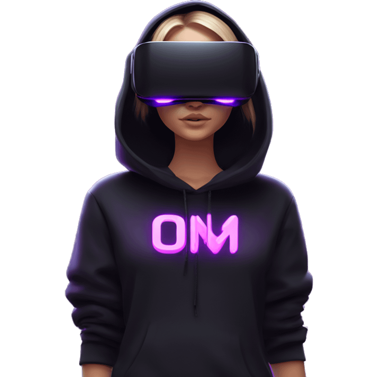 Russian girl wearing black hoody with violet letters "OMG", in vr headset oculus quest2. Standing like jedi. Cyberpunk style. Violet neon. emoji